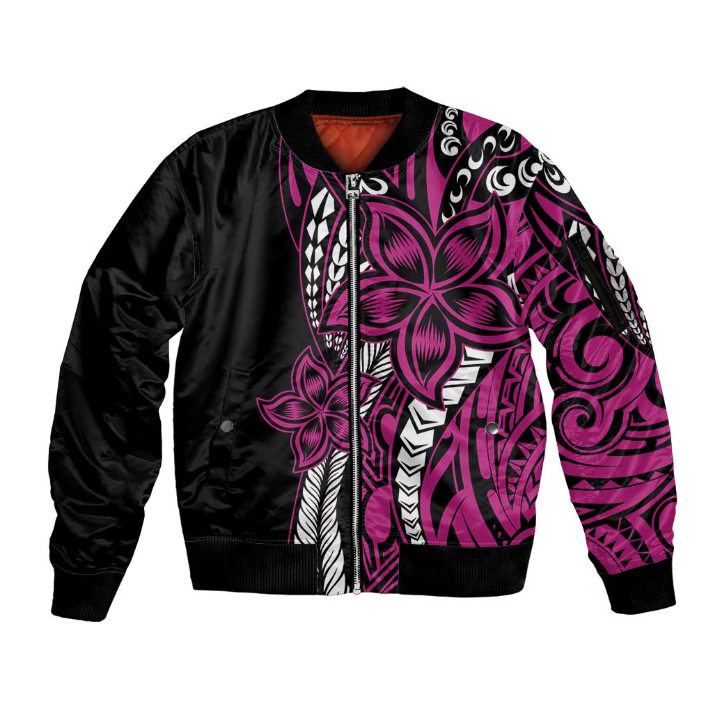Polynesian Plumeria Floral Tattoo Pattern Sleeve Zip Bomber Jacket Pink Style LT9 Unisex Pink - Polynesian Pride