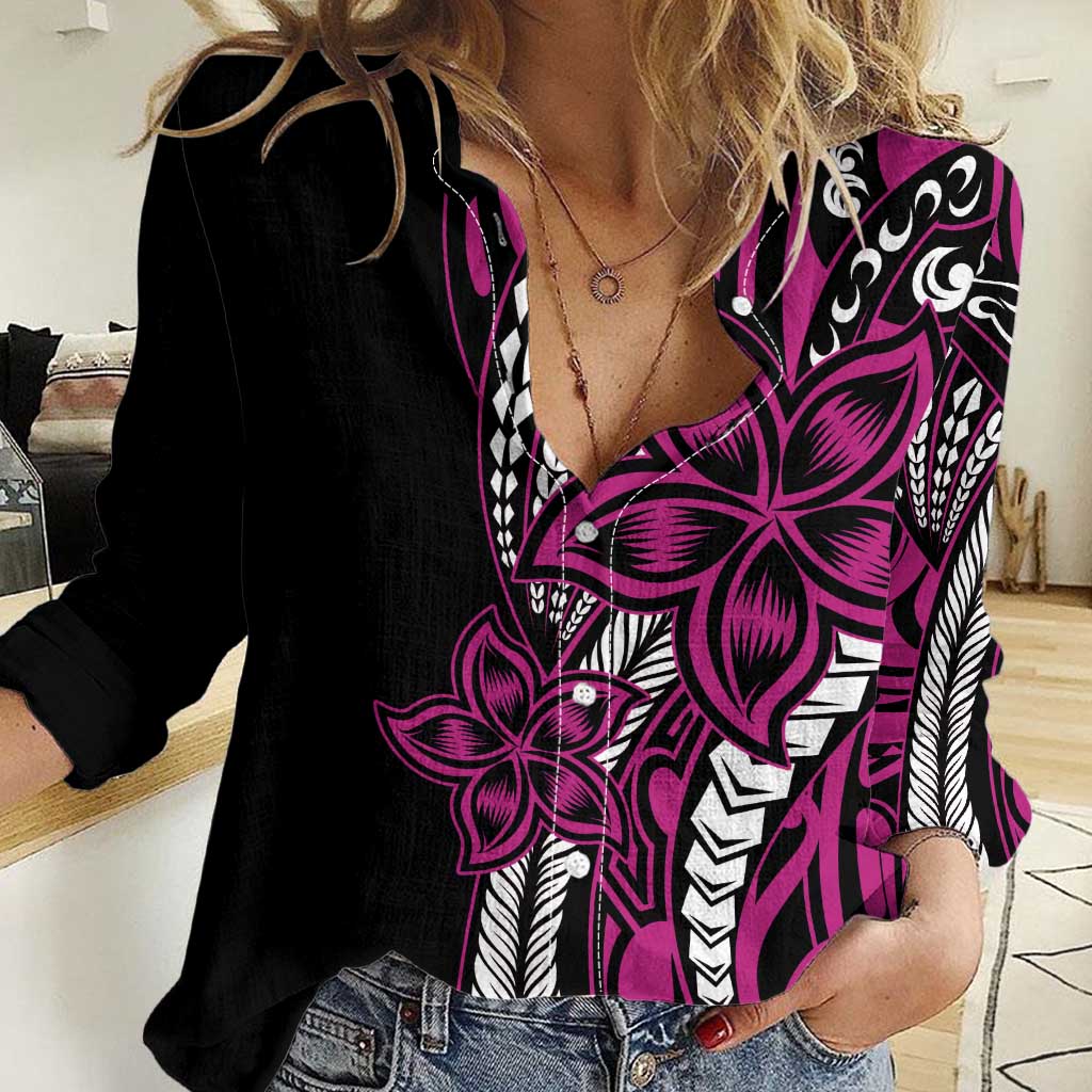 Polynesian Plumeria Floral Tattoo Pattern Women Casual Shirt Pink Style