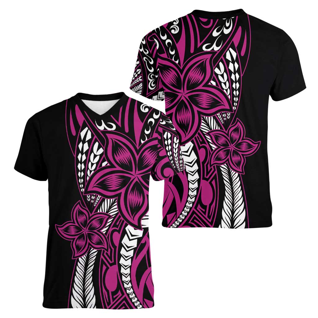Polynesian Plumeria Floral Tattoo Pattern Women V-Neck T-Shirt Pink Style