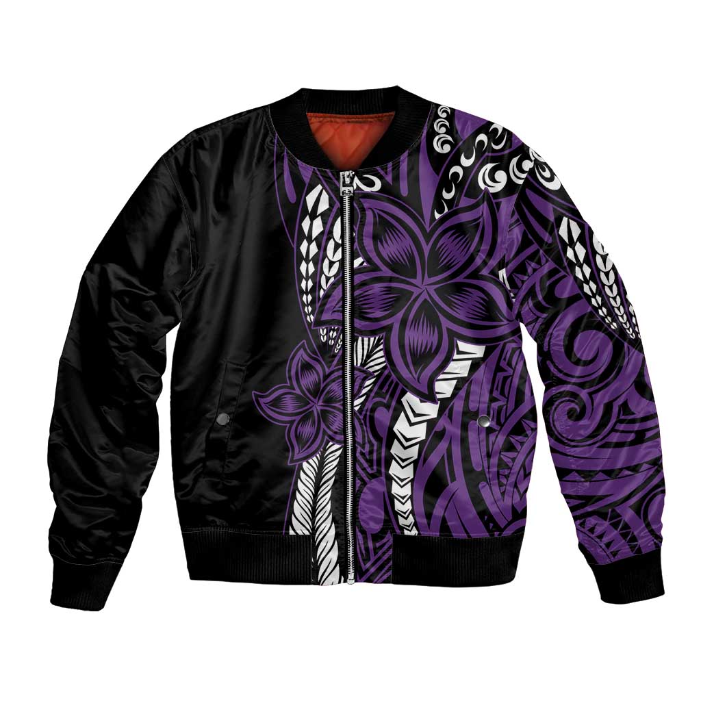 Polynesian Plumeria Floral Tattoo Pattern Bomber Jacket Purple Style LT9 Unisex Purple - Polynesian Pride
