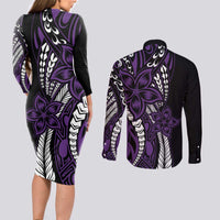 Polynesian Plumeria Floral Tattoo Pattern Couples Matching Long Sleeve Bodycon Dress and Long Sleeve Button Shirt Purple Style