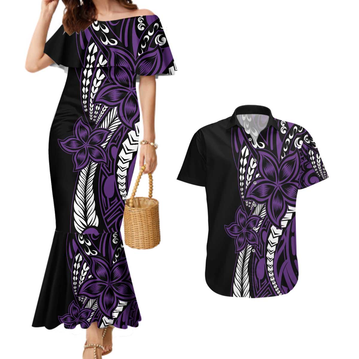 Polynesian Plumeria Floral Tattoo Pattern Couples Matching Mermaid Dress and Hawaiian Shirt Purple Style LT9 Purple - Polynesian Pride