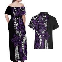 Polynesian Plumeria Floral Tattoo Pattern Couples Matching Off Shoulder Maxi Dress and Hawaiian Shirt Purple Style