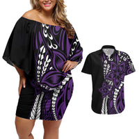 Polynesian Plumeria Floral Tattoo Pattern Couples Matching Off Shoulder Short Dress and Hawaiian Shirt Purple Style