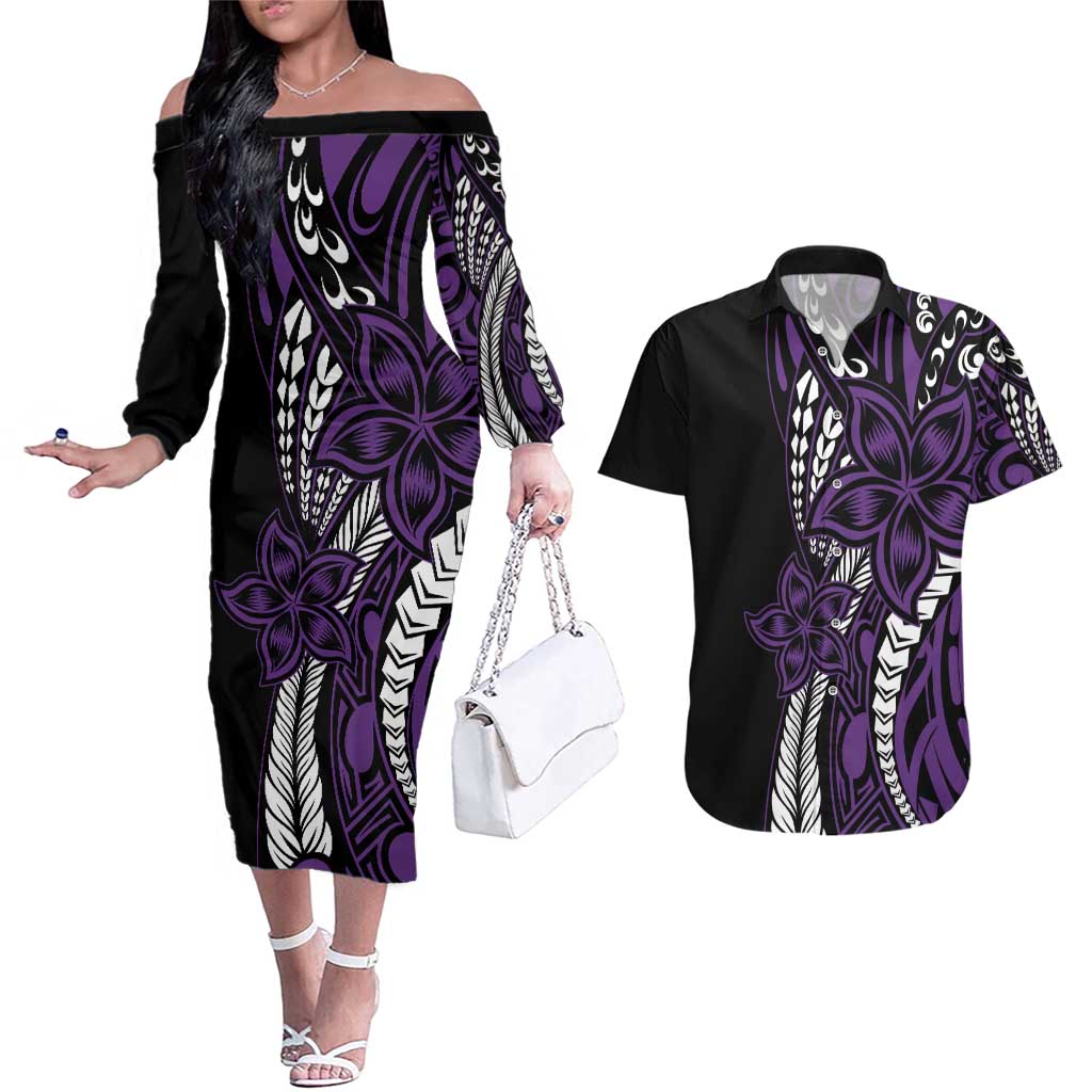 Polynesian Plumeria Floral Tattoo Pattern Couples Matching Off The Shoulder Long Sleeve Dress and Hawaiian Shirt Purple Style