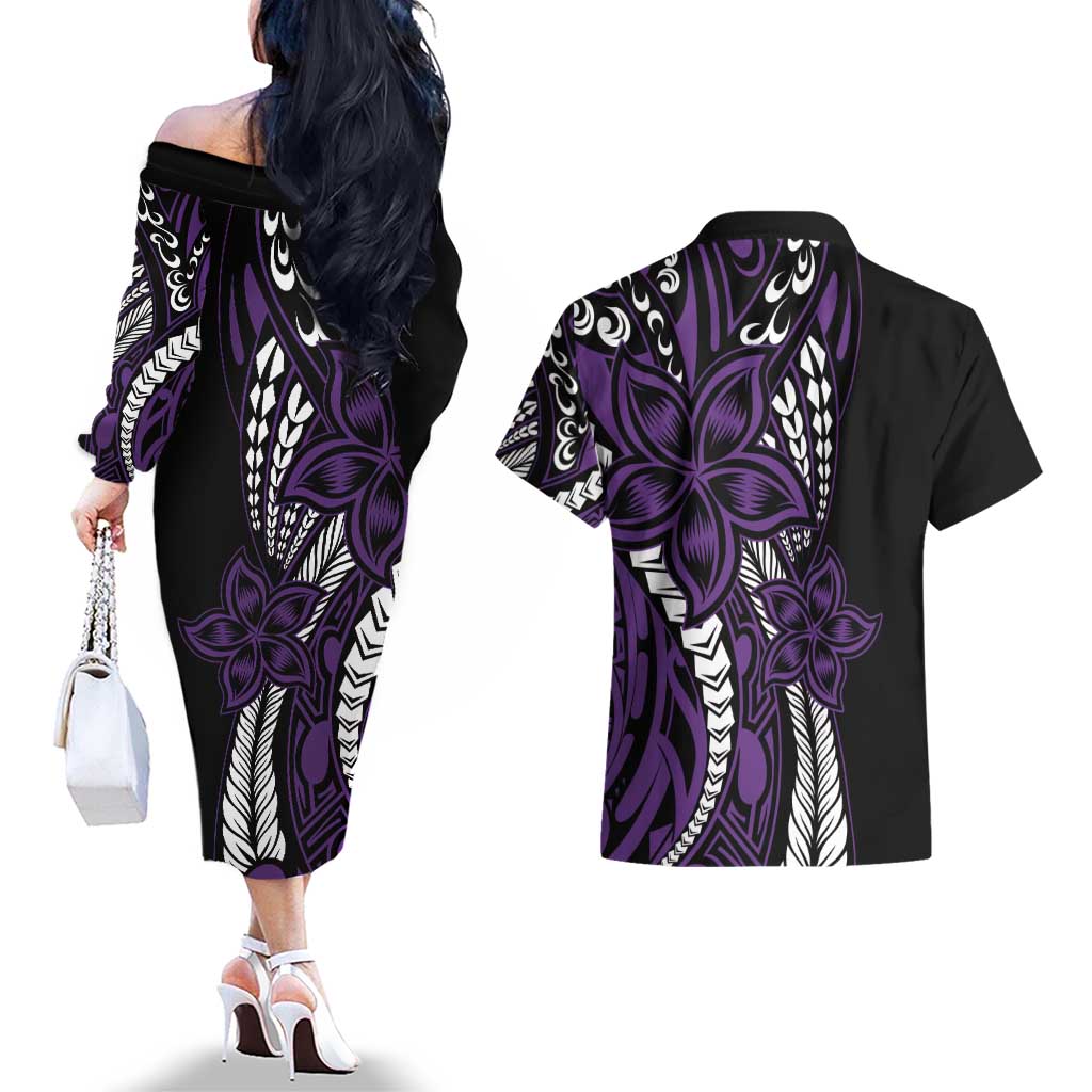 Polynesian Plumeria Floral Tattoo Pattern Couples Matching Off The Shoulder Long Sleeve Dress and Hawaiian Shirt Purple Style