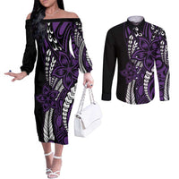 Polynesian Plumeria Floral Tattoo Pattern Couples Matching Off The Shoulder Long Sleeve Dress and Long Sleeve Button Shirt Purple Style