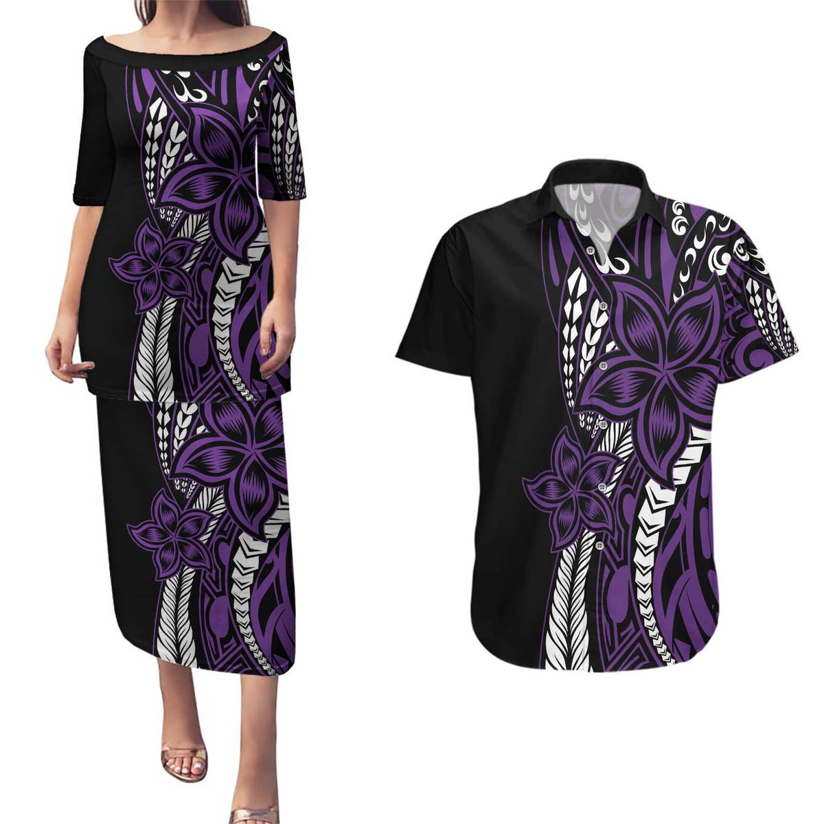 Polynesian Plumeria Floral Tattoo Pattern Couples Matching Puletasi and Hawaiian Shirt Purple Style