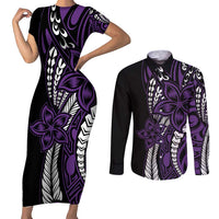 Polynesian Plumeria Floral Tattoo Pattern Couples Matching Short Sleeve Bodycon Dress and Long Sleeve Button Shirt Purple Style