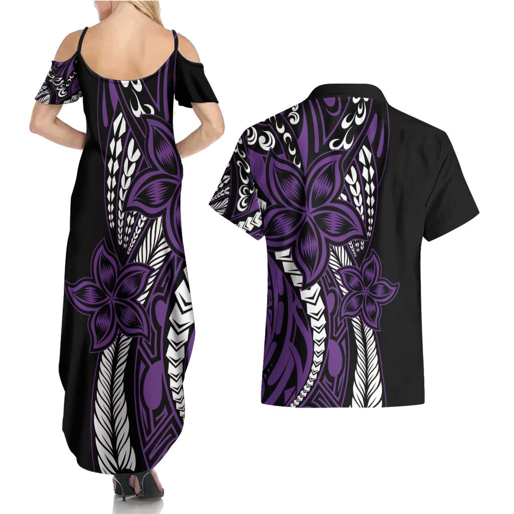 Polynesian Plumeria Floral Tattoo Pattern Couples Matching Summer Maxi Dress and Hawaiian Shirt Purple Style
