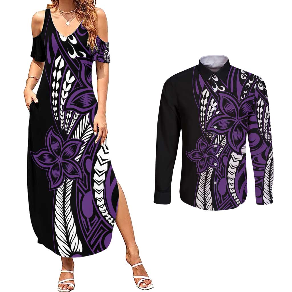 Polynesian Plumeria Floral Tattoo Pattern Couples Matching Summer Maxi Dress and Long Sleeve Button Shirt Purple Style