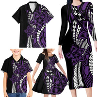Polynesian Plumeria Floral Tattoo Pattern Family Matching Long Sleeve Bodycon Dress and Hawaiian Shirt Purple Style