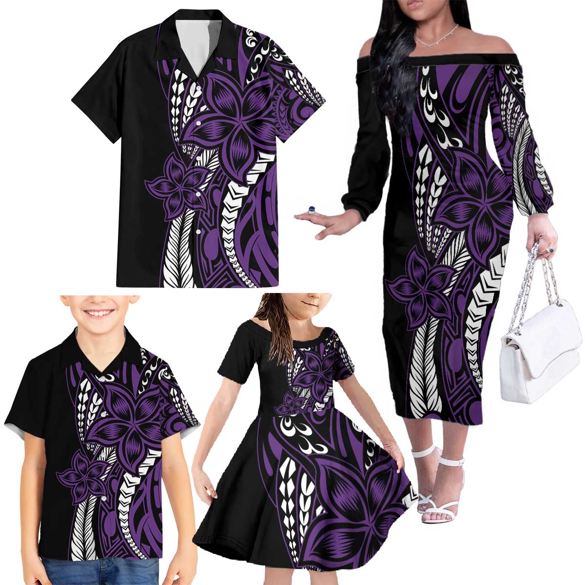 Polynesian Plumeria Floral Tattoo Pattern Family Matching Off The Shoulder Long Sleeve Dress and Hawaiian Shirt Purple Style LT9 - Polynesian Pride