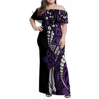 Polynesian Plumeria Floral Tattoo Pattern Family Matching Off Shoulder Maxi Dress and Hawaiian Shirt Purple Style