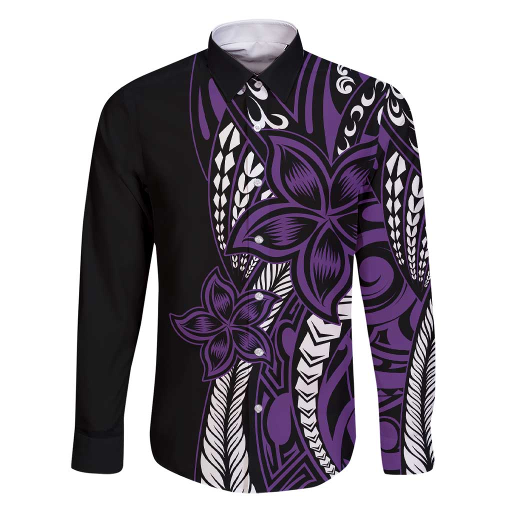 Polynesian Plumeria Floral Tattoo Pattern Family Matching Short Sleeve Bodycon Dress and Hawaiian Shirt Purple Style
