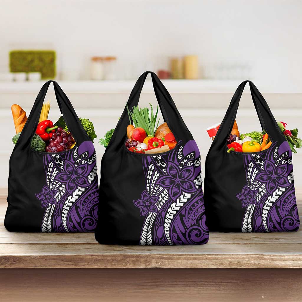 Polynesian Plumeria Floral Tattoo Pattern Grocery Bag Purple Style