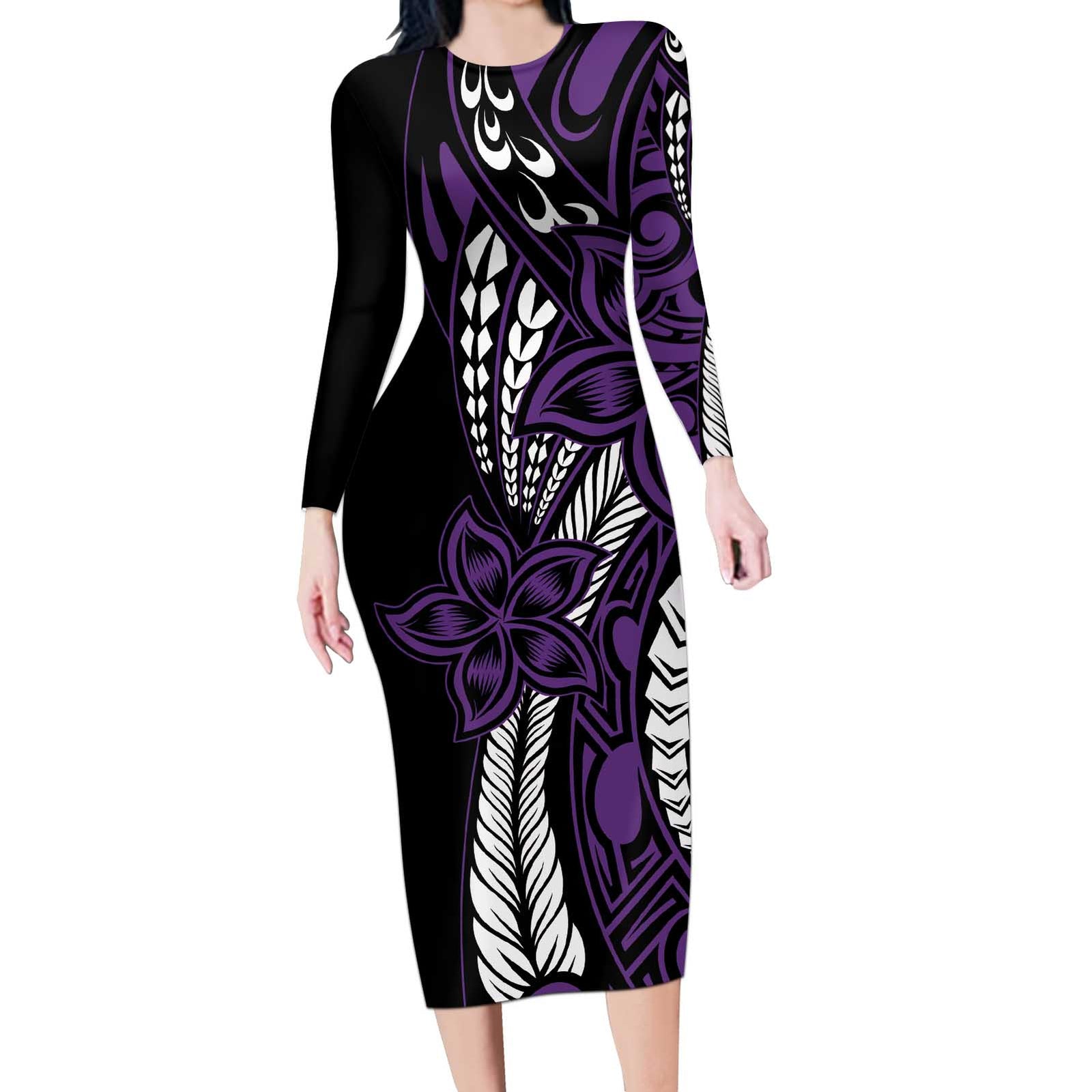 Polynesian Plumeria Floral Tattoo Pattern Long Sleeve Bodycon Dress Purple Style LT9 Long Dress Purple - Polynesian Pride