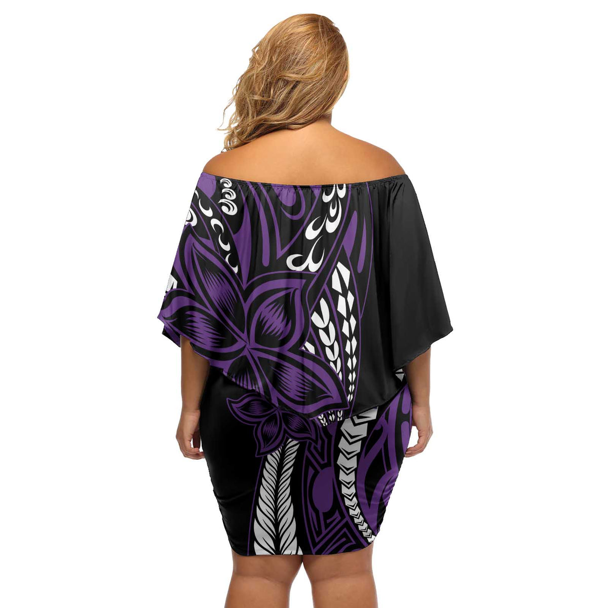 Polynesian Plumeria Floral Tattoo Pattern Off Shoulder Short Dress Purple Style