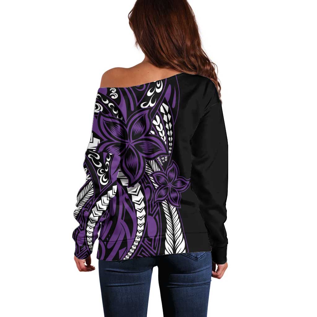 Polynesian Plumeria Floral Tattoo Pattern Off Shoulder Sweater Purple Style