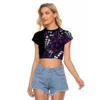 Polynesian Plumeria Floral Tattoo Pattern Raglan Cropped T Shirt Purple Style