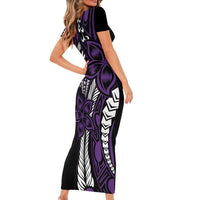 Polynesian Plumeria Floral Tattoo Pattern Short Sleeve Bodycon Dress Purple Style