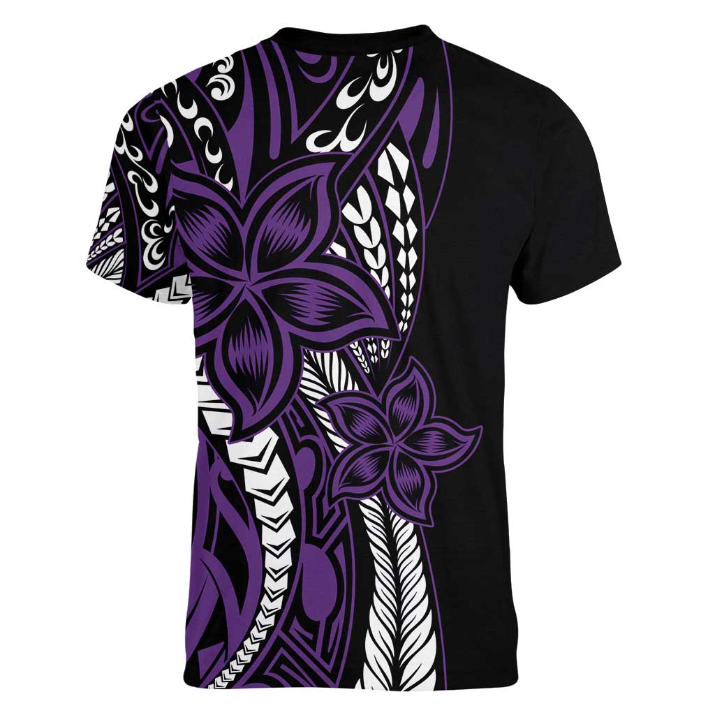 Polynesian Plumeria Floral Tattoo Pattern Women V-Neck T-Shirt Purple Style