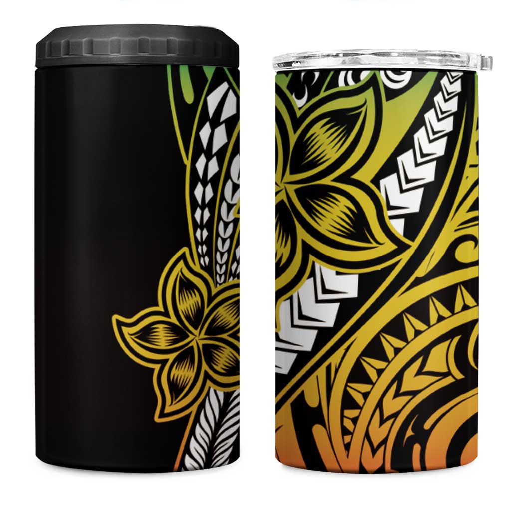 Polynesian Plumeria Floral Tattoo Pattern 4 in 1 Can Cooler Tumbler Reggae Style