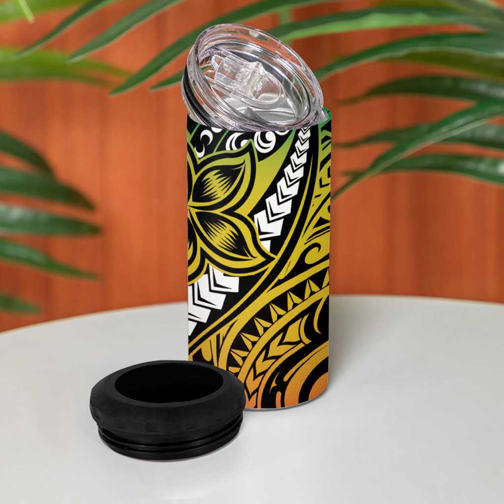 Polynesian Plumeria Floral Tattoo Pattern 4 in 1 Can Cooler Tumbler Reggae Style