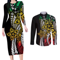 Polynesian Plumeria Floral Tattoo Pattern Couples Matching Long Sleeve Bodycon Dress and Long Sleeve Button Shirt Reggae Style