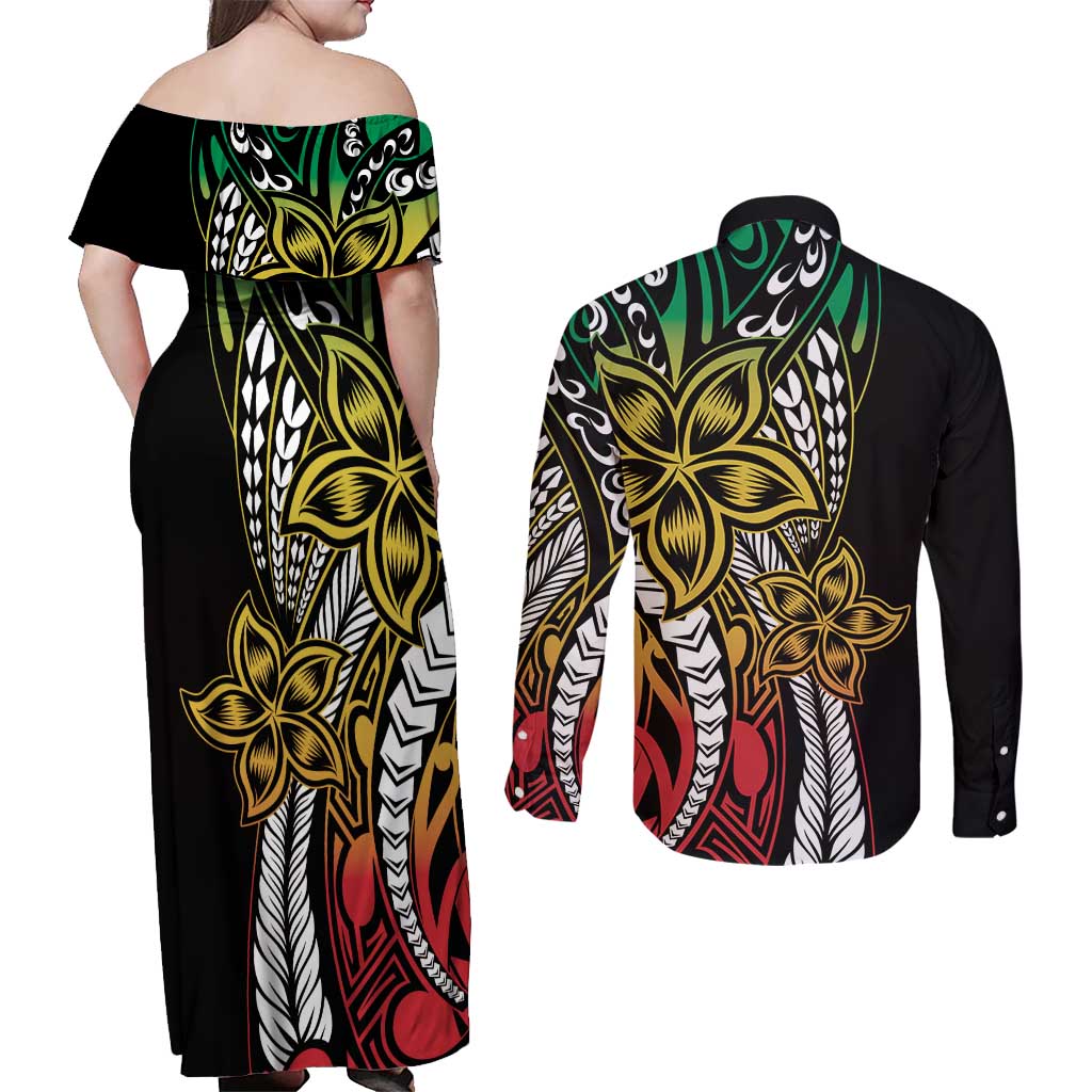 Polynesian Plumeria Floral Tattoo Pattern Couples Matching Off Shoulder Maxi Dress and Long Sleeve Button Shirt Reggae Style