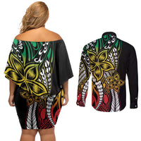 Polynesian Plumeria Floral Tattoo Pattern Couples Matching Off Shoulder Short Dress and Long Sleeve Button Shirt Reggae Style
