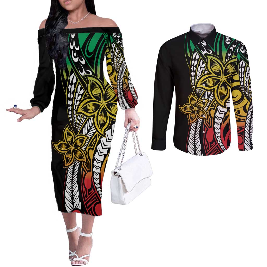 Polynesian Plumeria Floral Tattoo Pattern Couples Matching Off The Shoulder Long Sleeve Dress and Long Sleeve Button Shirt Reggae Style
