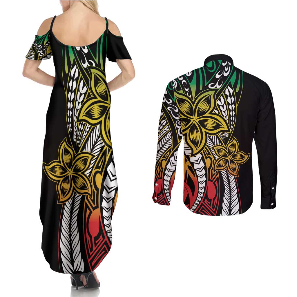 Polynesian Plumeria Floral Tattoo Pattern Couples Matching Summer Maxi Dress and Long Sleeve Button Shirt Reggae Style