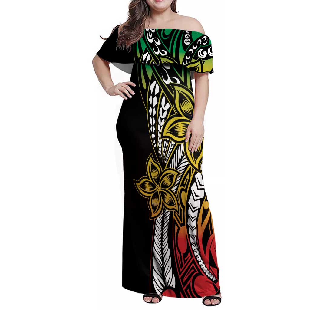 Polynesian Plumeria Floral Tattoo Pattern Family Matching Off Shoulder Maxi Dress and Hawaiian Shirt Reggae Style