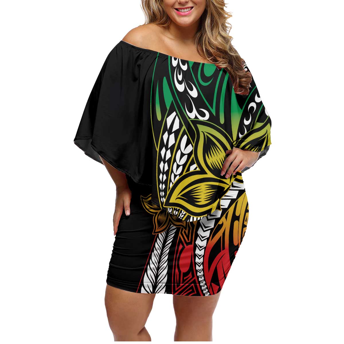 Polynesian Plumeria Floral Tattoo Pattern Family Matching Off Shoulder Short Dress and Hawaiian Shirt Reggae Style