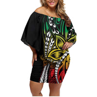 Polynesian Plumeria Floral Tattoo Pattern Family Matching Off Shoulder Short Dress and Hawaiian Shirt Reggae Style