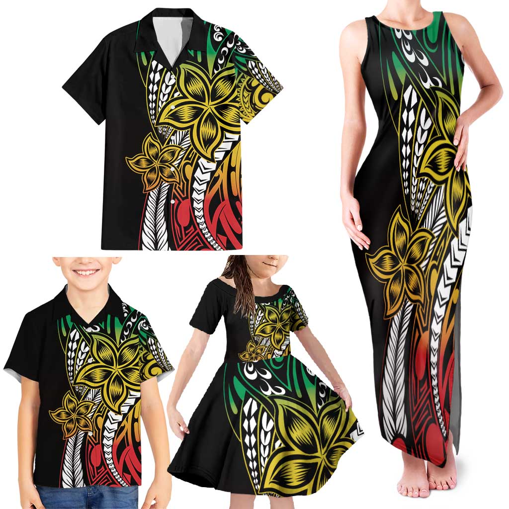 Polynesian Plumeria Floral Tattoo Pattern Family Matching Tank Maxi Dress and Hawaiian Shirt Reggae Style