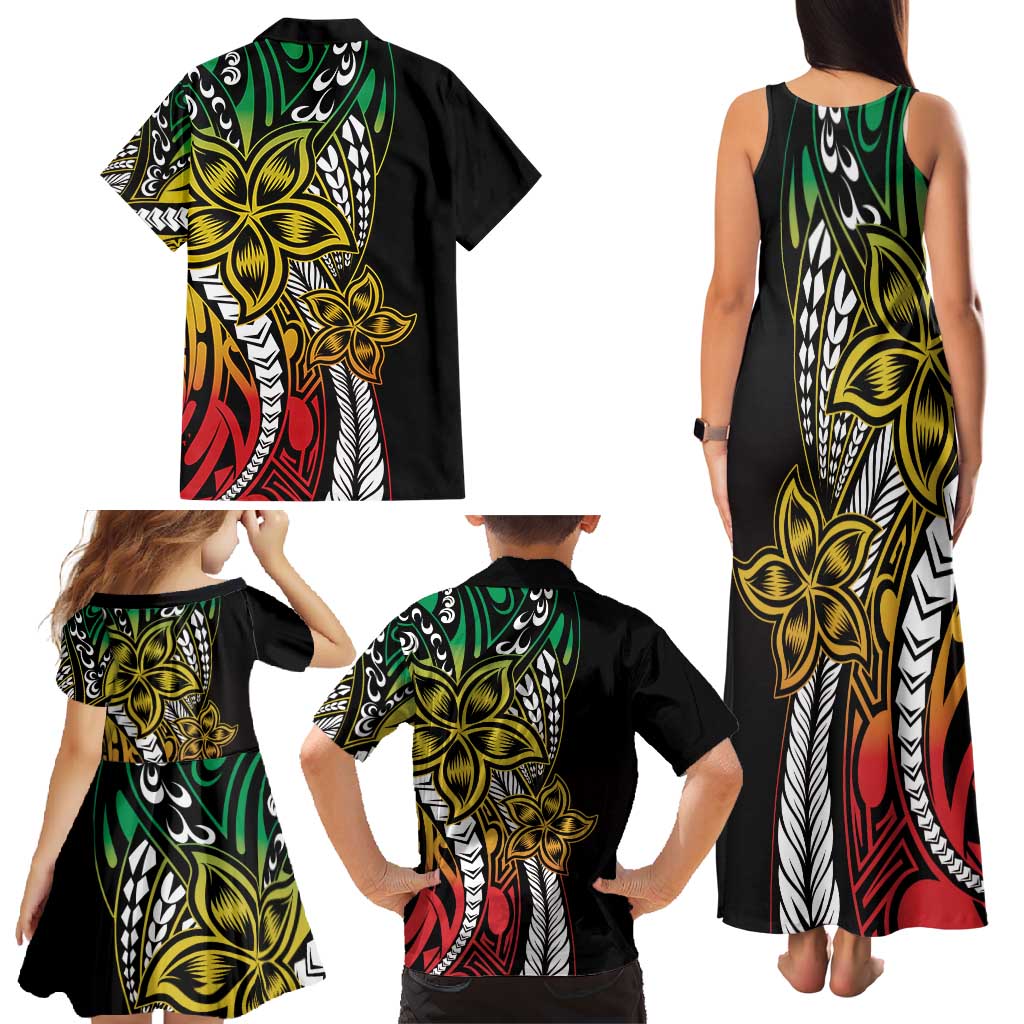 Polynesian Plumeria Floral Tattoo Pattern Family Matching Tank Maxi Dress and Hawaiian Shirt Reggae Style
