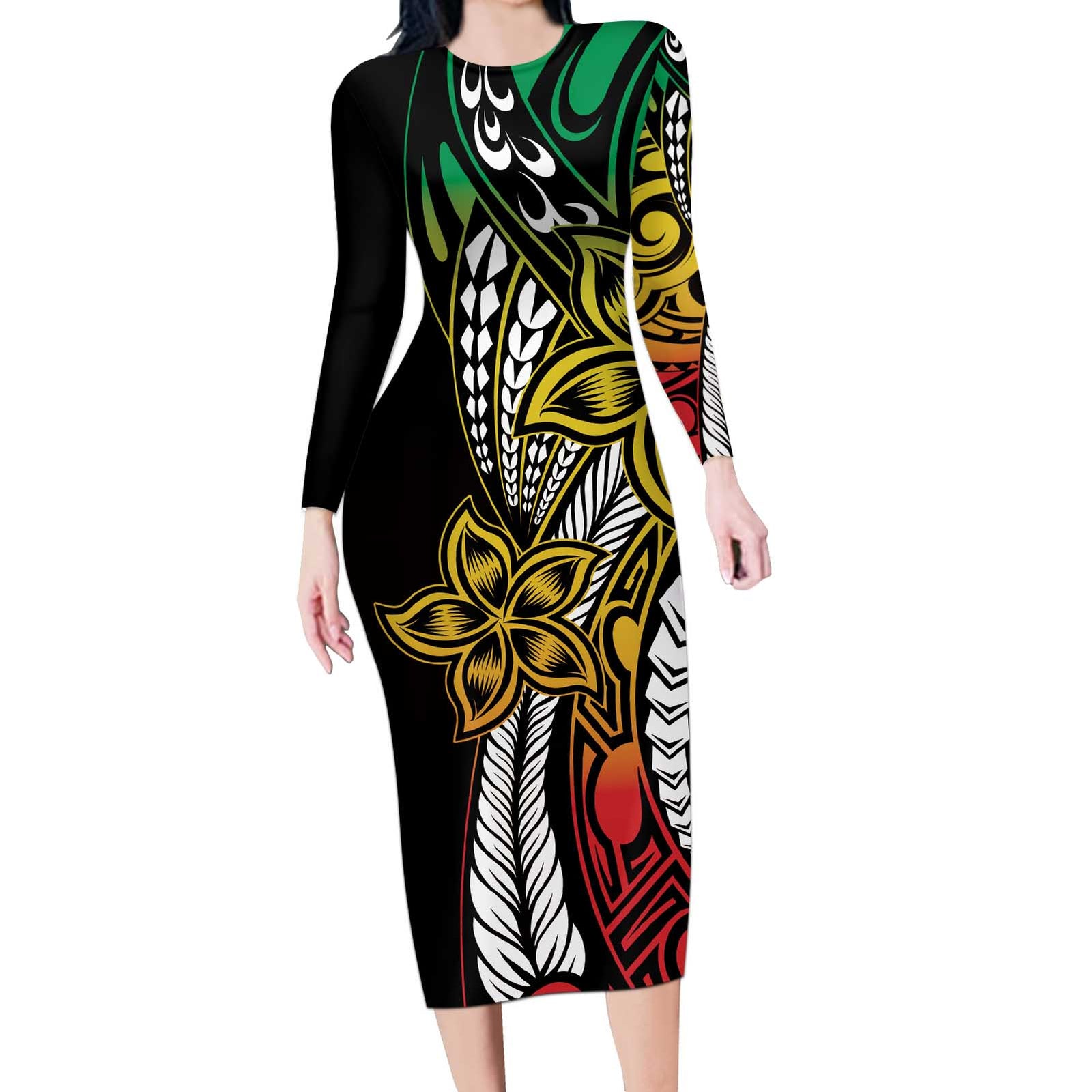 Polynesian Plumeria Floral Tattoo Pattern Long Sleeve Bodycon Dress Reggae Style LT9 Long Dress Reggae - Polynesian Pride