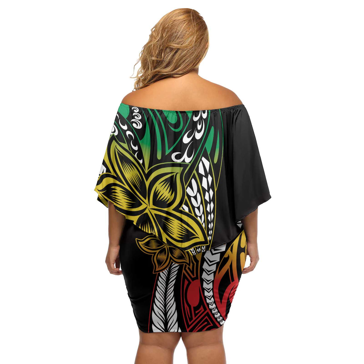 Polynesian Plumeria Floral Tattoo Pattern Off Shoulder Short Dress Reggae Style
