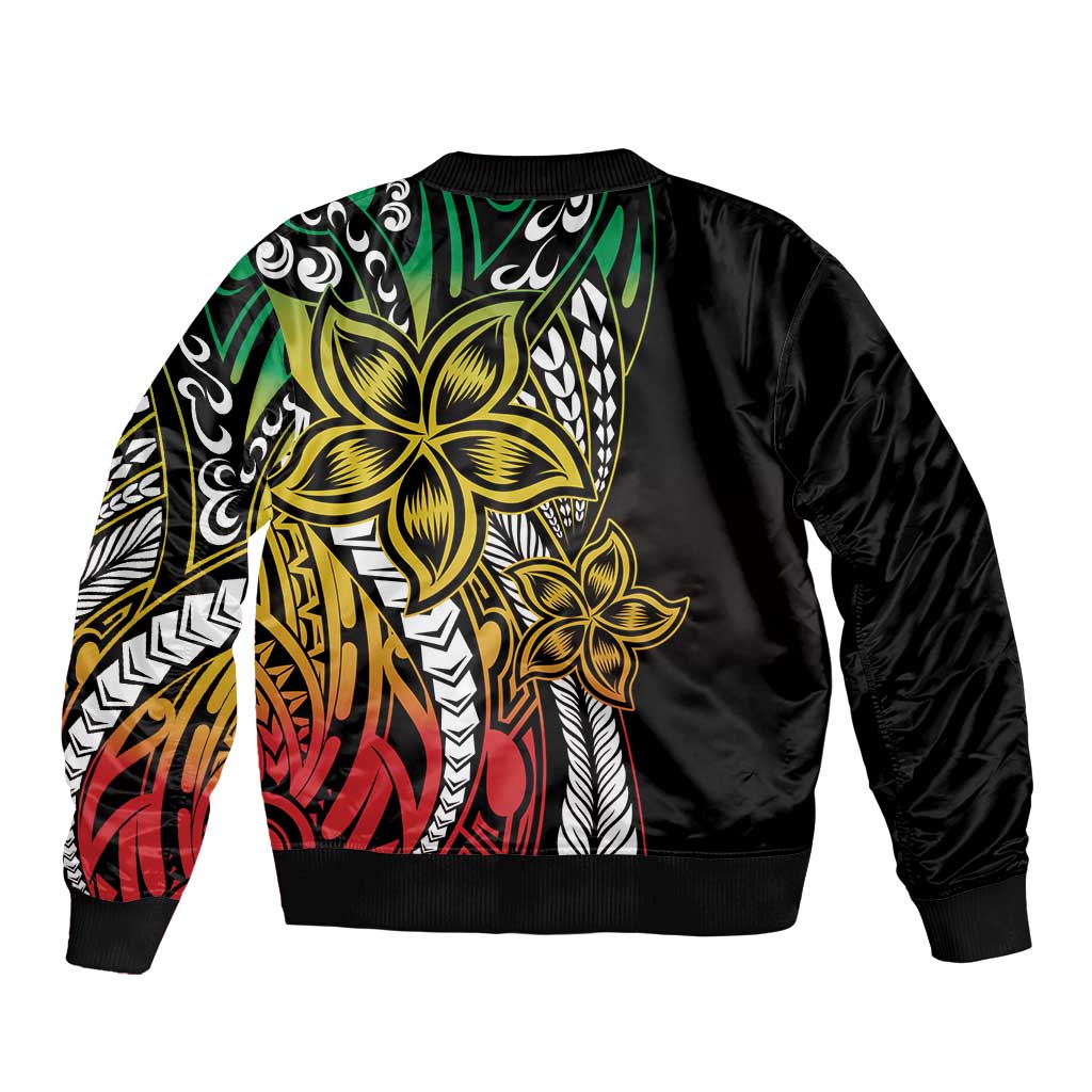 Polynesian Plumeria Floral Tattoo Pattern Sleeve Zip Bomber Jacket Reggae Style