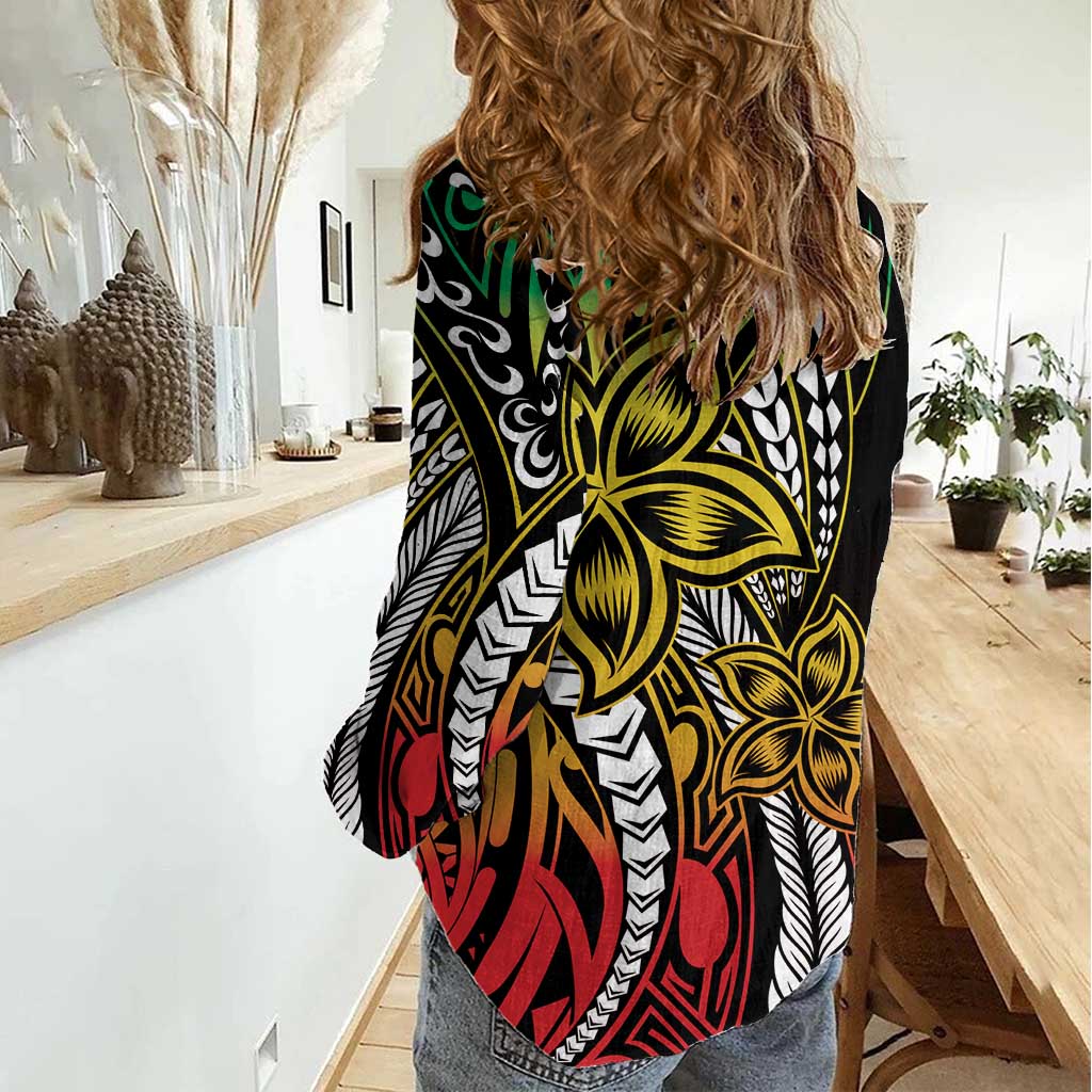 Polynesian Plumeria Floral Tattoo Pattern Women Casual Shirt Reggae Style