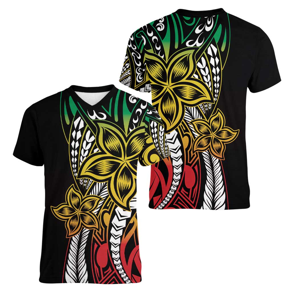 Polynesian Plumeria Floral Tattoo Pattern Women V-Neck T-Shirt Reggae Style