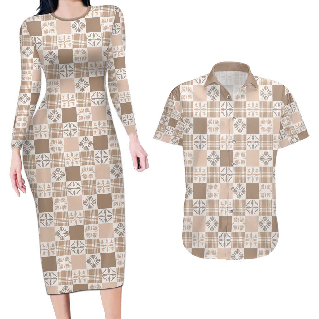 Hawaiian Palaka Quilt Pattern Couples Matching Long Sleeve Bodycon Dress and Hawaiian Shirt Hawaii Culture Bird of Paradise Exotic Motif - Polynesian Pride