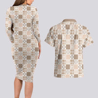 Hawaiian Palaka Quilt Pattern Couples Matching Long Sleeve Bodycon Dress and Hawaiian Shirt Hawaii Culture Bird of Paradise Exotic Motif - Polynesian Pride