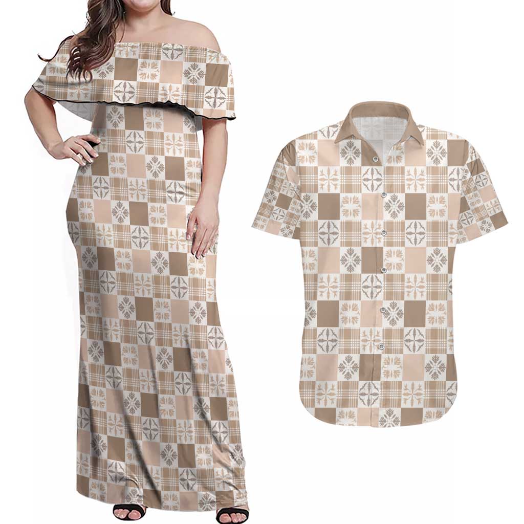 Hawaiian Palaka Quilt Pattern Couples Matching Off Shoulder Maxi Dress and Hawaiian Shirt Hawaii Culture Bird of Paradise Exotic Motif - Polynesian Pride