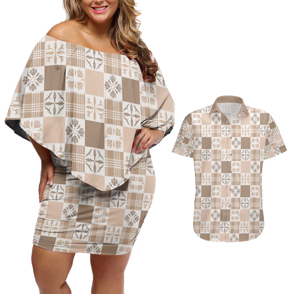 Hawaiian Palaka Quilt Pattern Couples Matching Off Shoulder Short Dress and Hawaiian Shirt Hawaii Culture Bird of Paradise Exotic Motif - Polynesian Pride