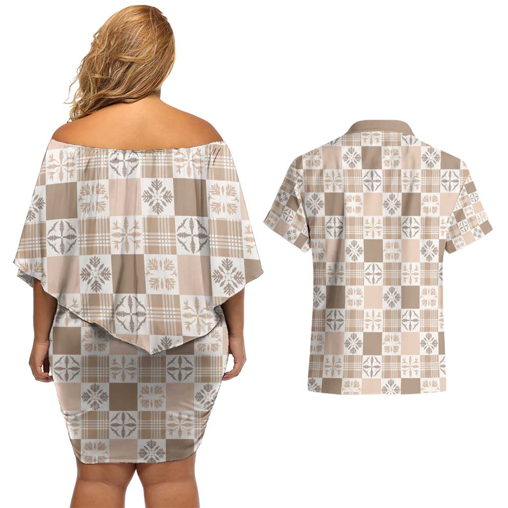 Hawaiian Palaka Quilt Pattern Couples Matching Off Shoulder Short Dress and Hawaiian Shirt Hawaii Culture Bird of Paradise Exotic Motif - Polynesian Pride