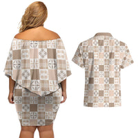 Hawaiian Palaka Quilt Pattern Couples Matching Off Shoulder Short Dress and Hawaiian Shirt Hawaii Culture Bird of Paradise Exotic Motif - Polynesian Pride