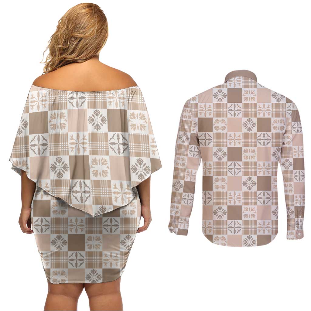 Hawaiian Palaka Quilt Pattern Couples Matching Off Shoulder Short Dress and Long Sleeve Button Shirt Hawaii Culture Bird of Paradise Exotic Motif - Polynesian Pride